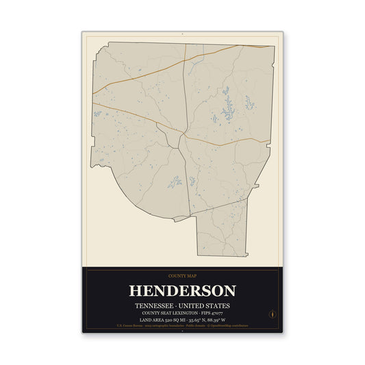 Henderson County, Tennessee Map Aluminum Sign in Museum Plaque style