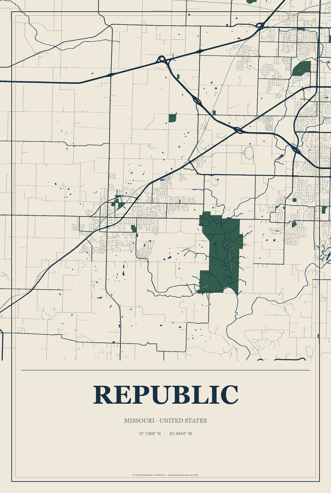 Republic, Missouri City Map Aluminum Sign in Coastal Cutout style