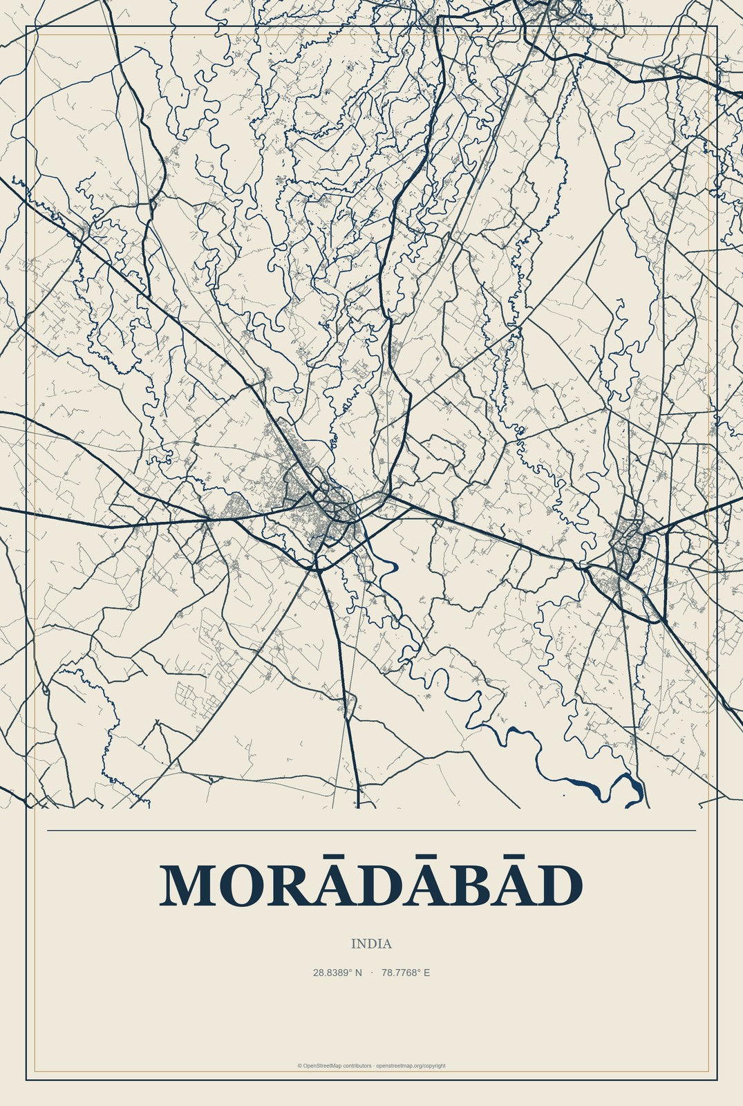 Morādābād, India City Map Aluminum Sign in Coastal Cutout style