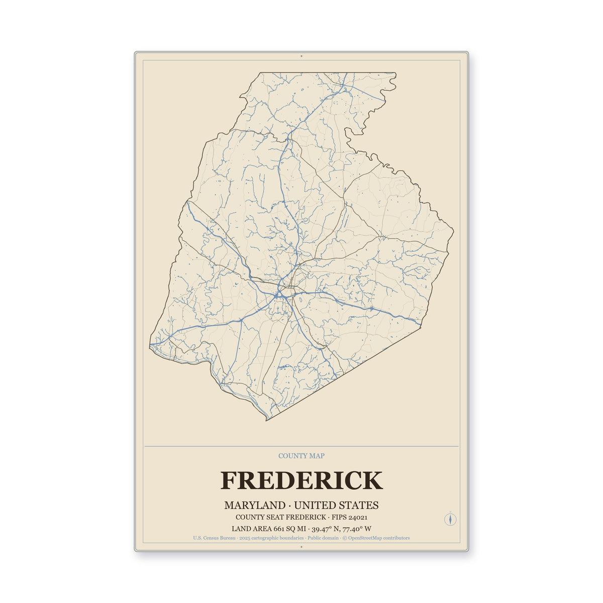 Frederick County, Maryland Map Aluminum Sign in Heritage Nautical style