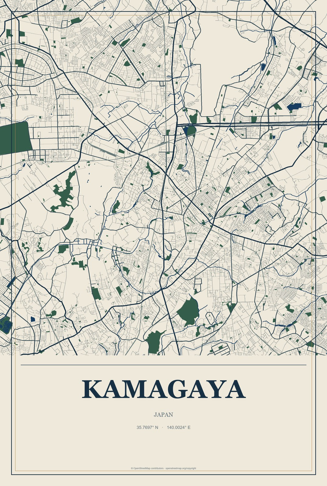 Kamagaya, Japan City Map Aluminum Sign in Coastal Cutout style