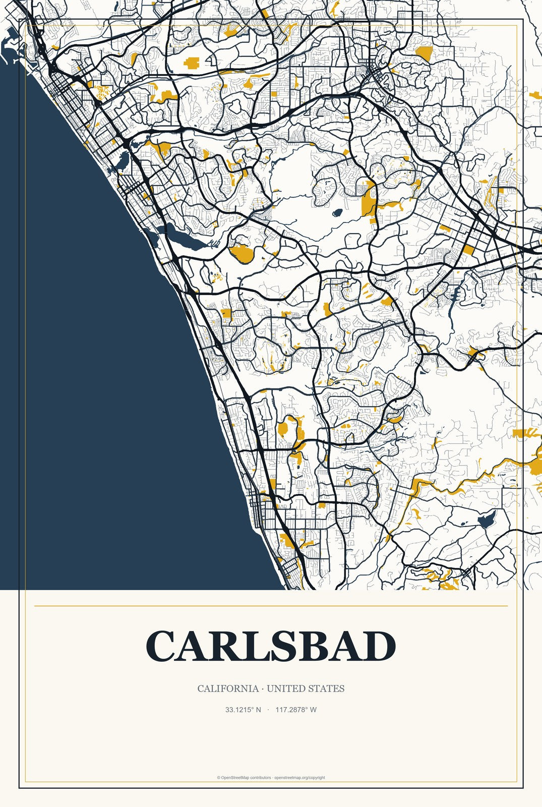 Carlsbad, California City Map Aluminum Sign in Citrine Modern style