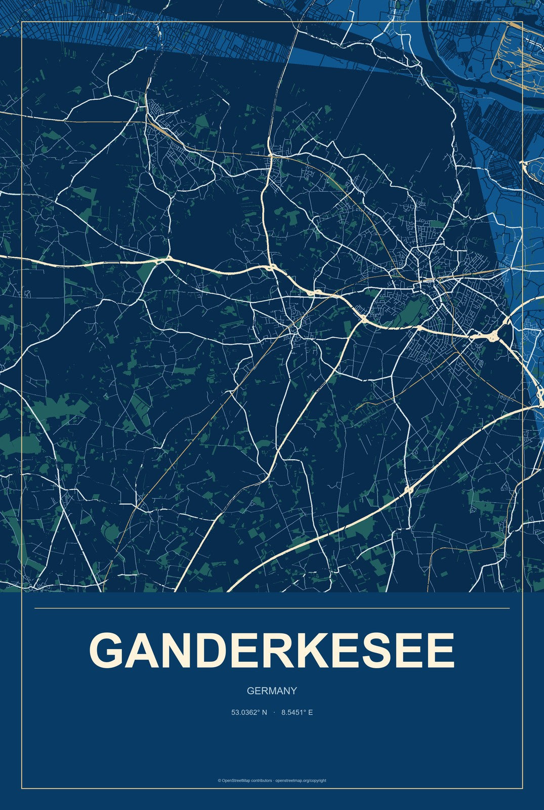 Ganderkesee, Germany City Map Aluminum Sign in Harbor Cobalt style