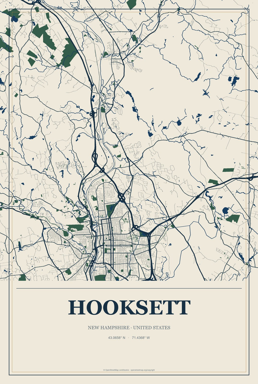 Hooksett, New Hampshire City Map Aluminum Sign in Coastal Cutout style