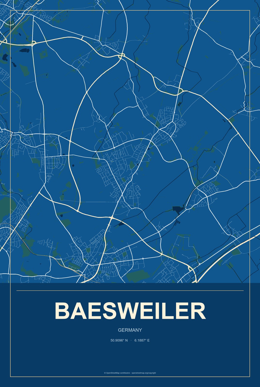 Baesweiler, Germany City Map Aluminum Sign in Harbor Cobalt style