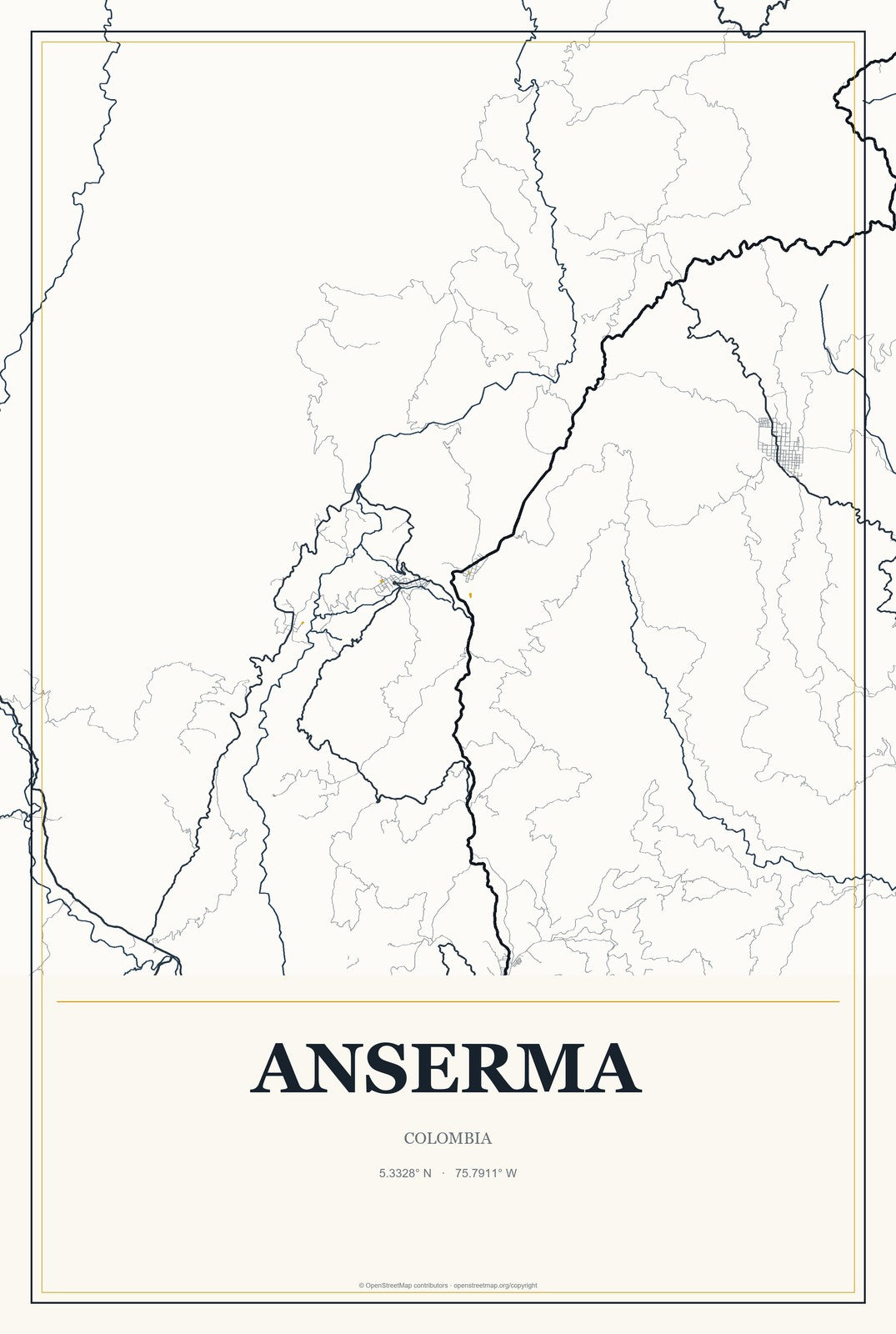 Anserma, Colombia City Map Aluminum Sign in Citrine Modern style