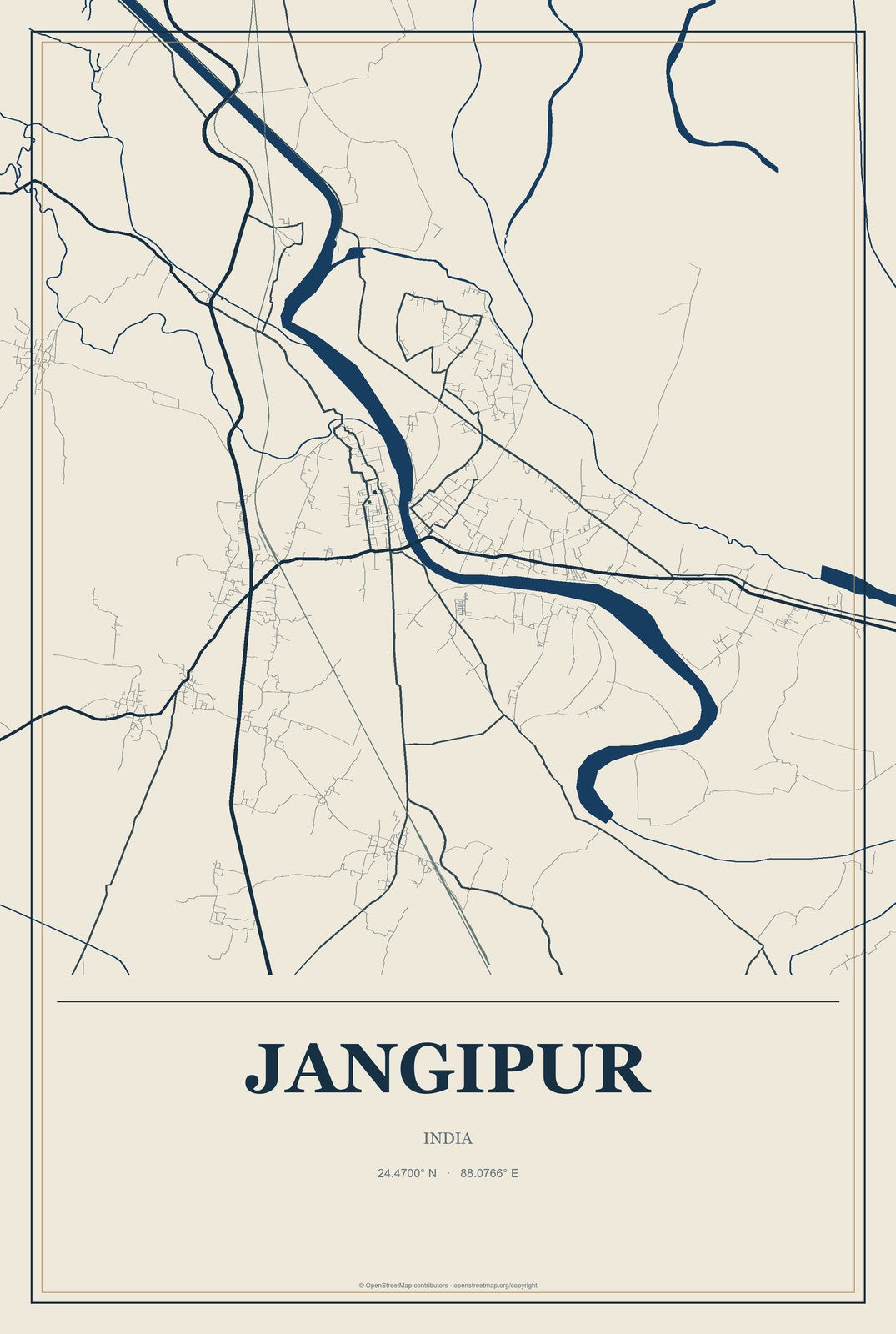 Jangipur, India City Map Aluminum Sign in Coastal Cutout style