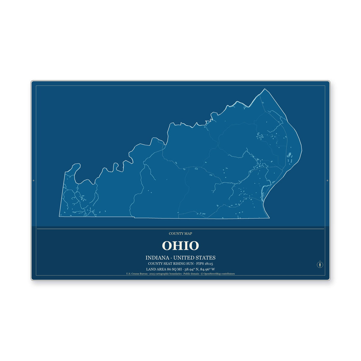 Ohio County, Indiana Map Aluminum Sign in Harbor Cobalt style