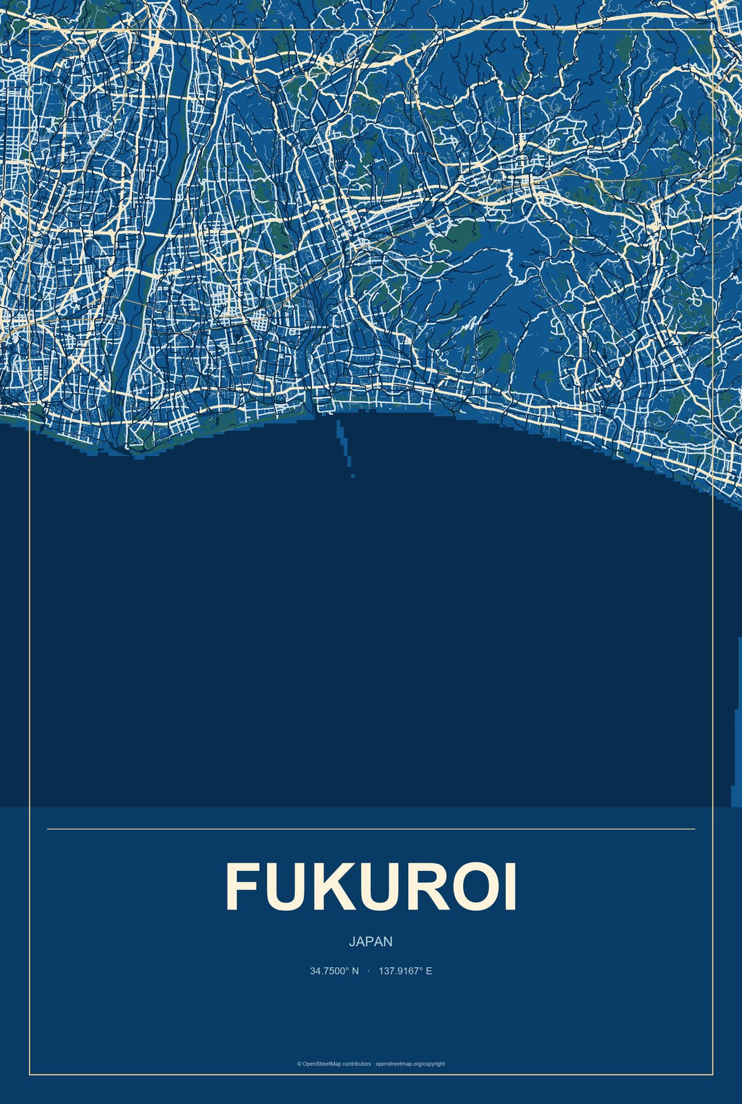 Fukuroi, Japan City Map Aluminum Sign in Harbor Cobalt style