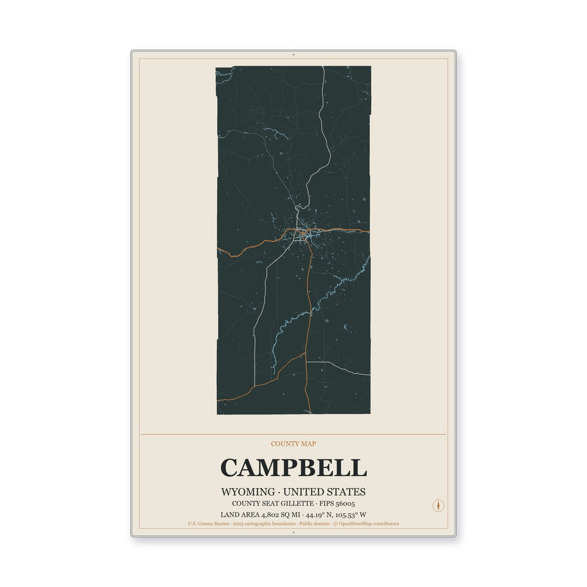 Campbell County, Wyoming Map Aluminum Sign in Headline Atlas style