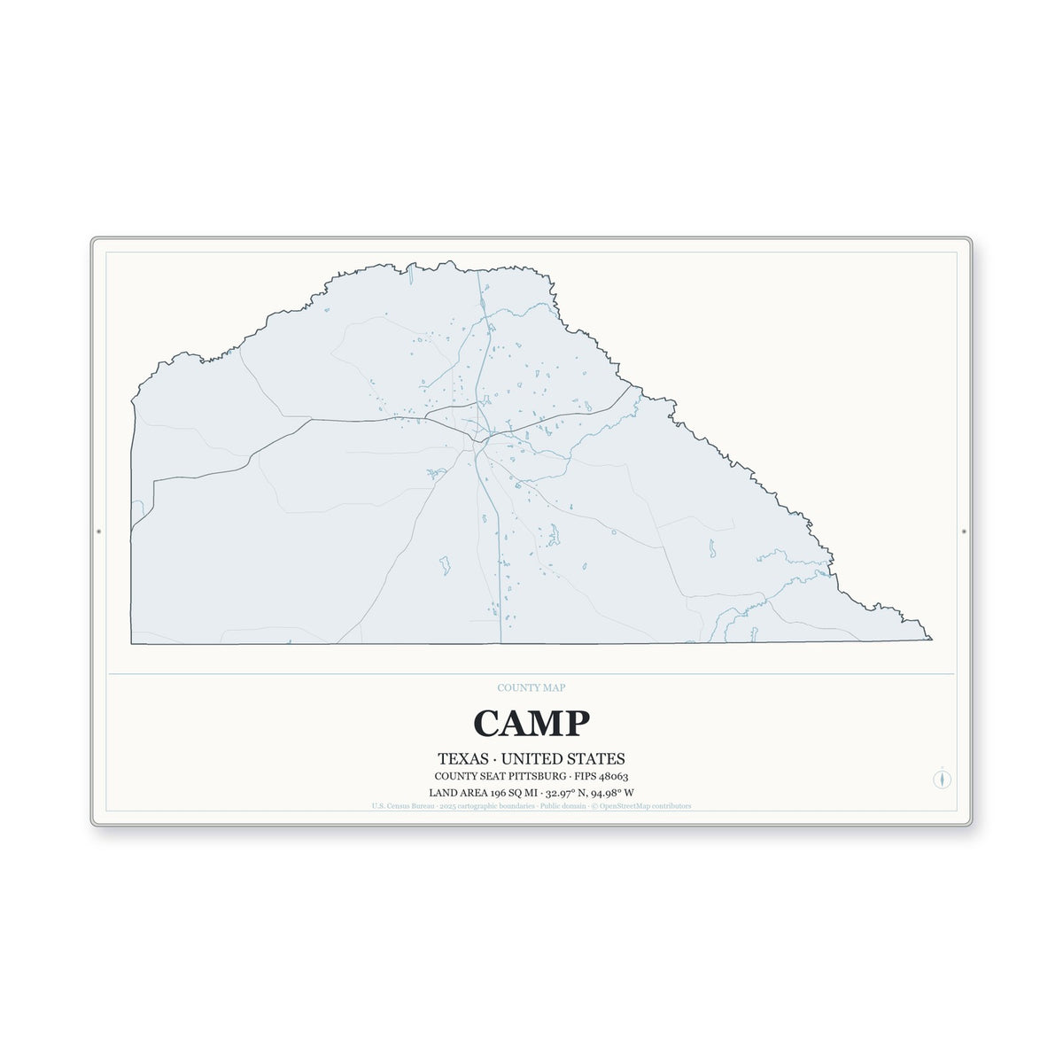 Camp County, Texas Map Aluminum Sign in Gallery Air style