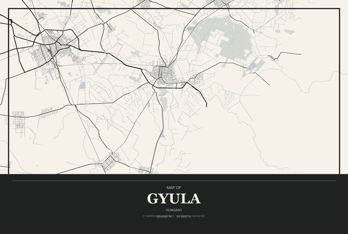 Gyula, Hungary City Map Aluminum Sign in Museum Plaque style