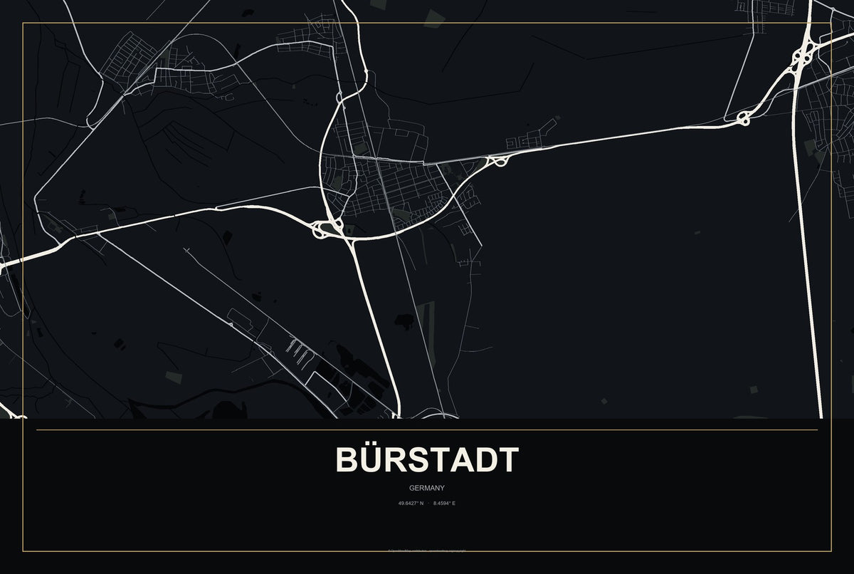 Bürstadt, Germany City Map Aluminum Sign in Metropolitan Noir style
