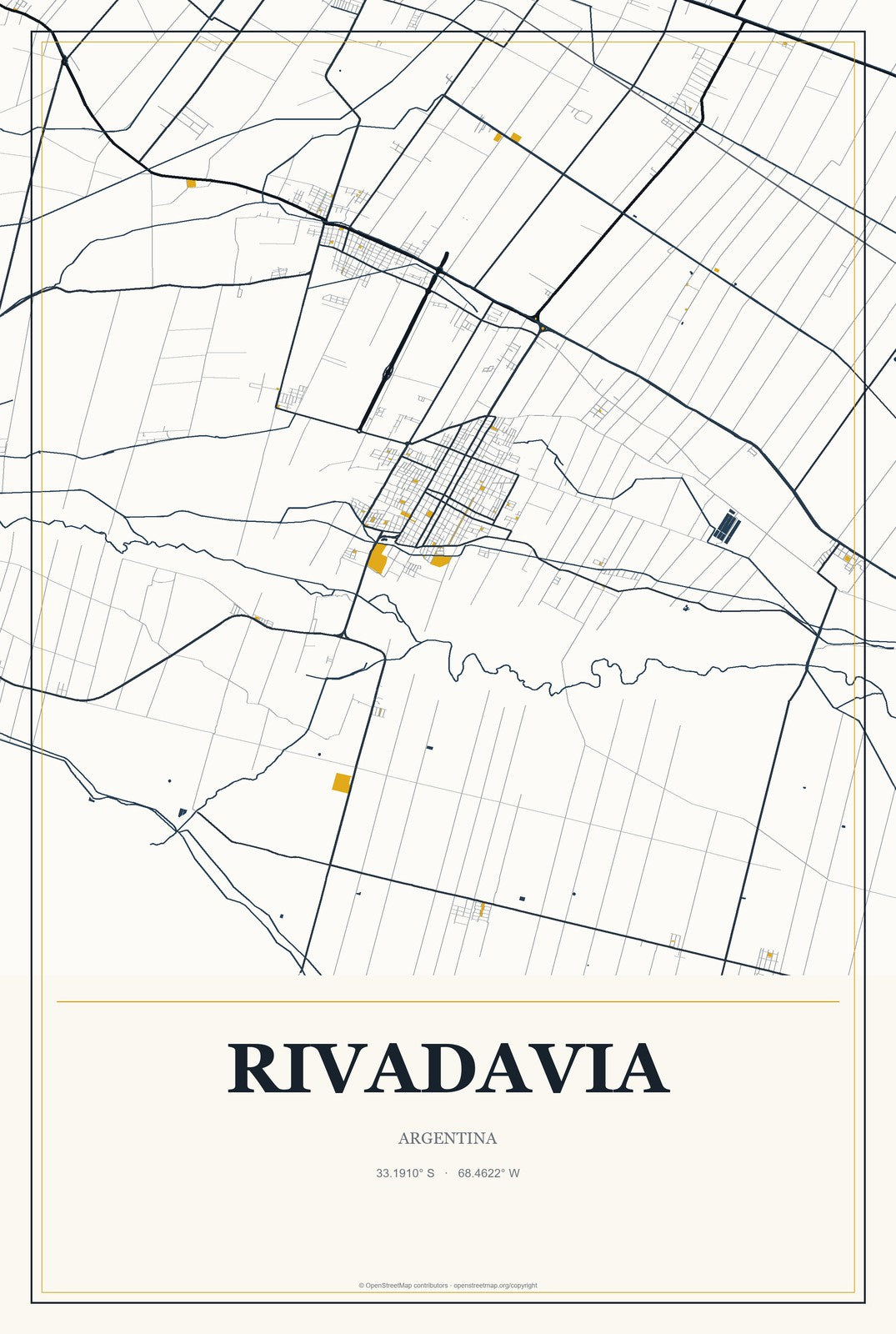 Rivadavia, Argentina City Map Aluminum Sign in Citrine Modern style