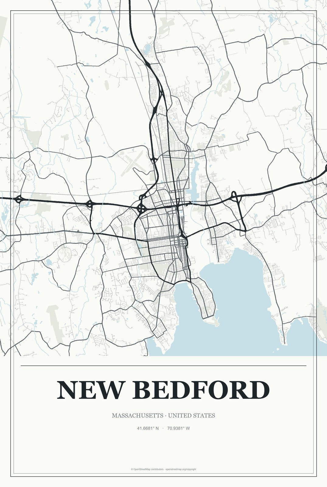 New Bedford, Massachusetts City Map Aluminum Sign in Gallery Air style