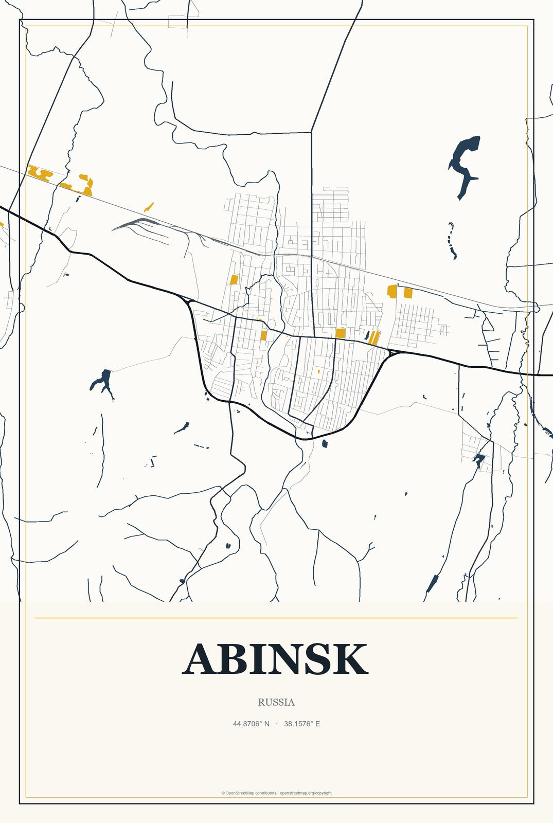 Abinsk, Russia City Map Aluminum Sign in Citrine Modern style