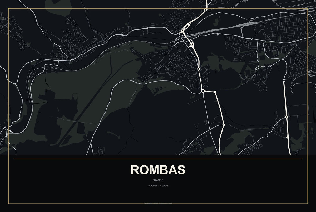 Rombas, France City Map Aluminum Sign in Metropolitan Noir style
