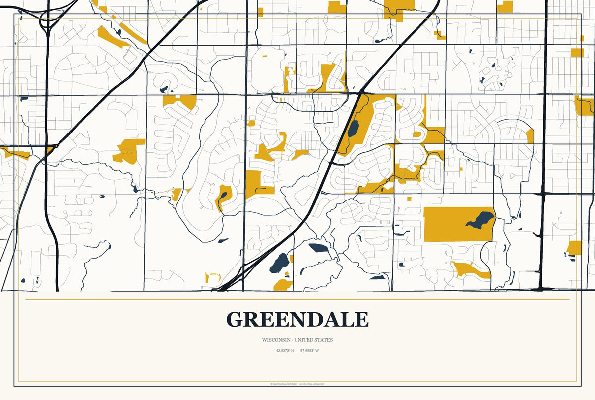 Greendale, Wisconsin City Map Aluminum Sign in Citrine Modern style