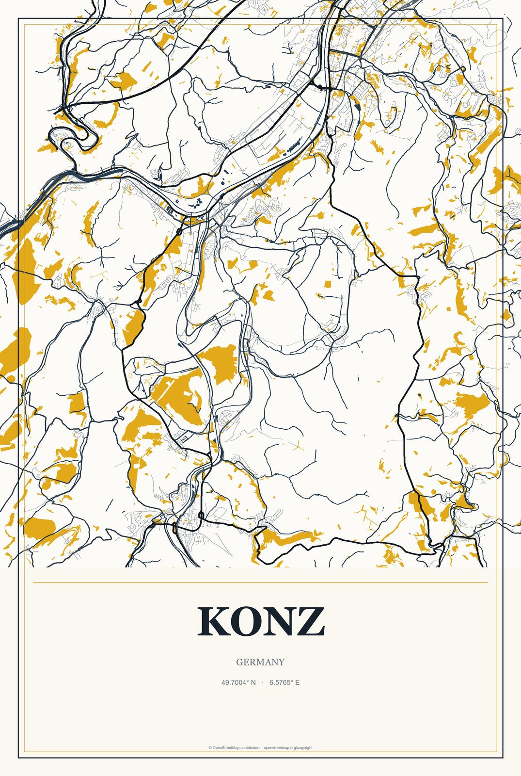 Konz, Germany City Map Aluminum Sign in Citrine Modern style