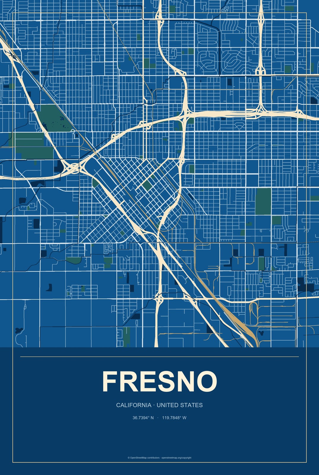Fresno, California City Map Aluminum Sign in Harbor Cobalt style