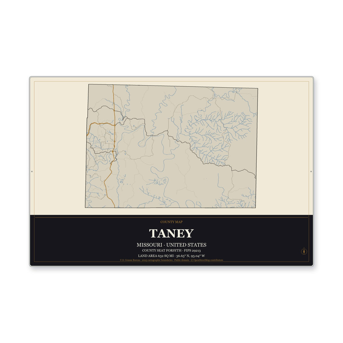 Taney County, Missouri Map Aluminum Sign in Museum Plaque style
