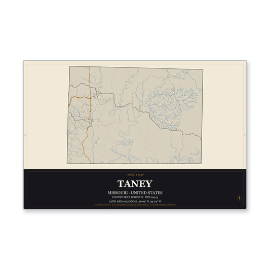 Taney County, Missouri Map Aluminum Sign in Museum Plaque style