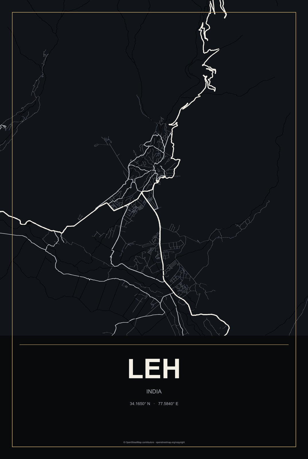 Leh, India City Map Aluminum Sign in Metropolitan Noir style
