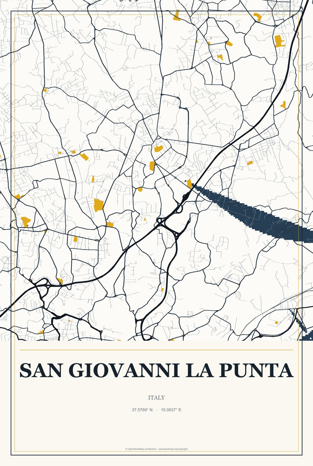 San Giovanni la Punta, Italy City Map Aluminum Sign in Citrine Modern style