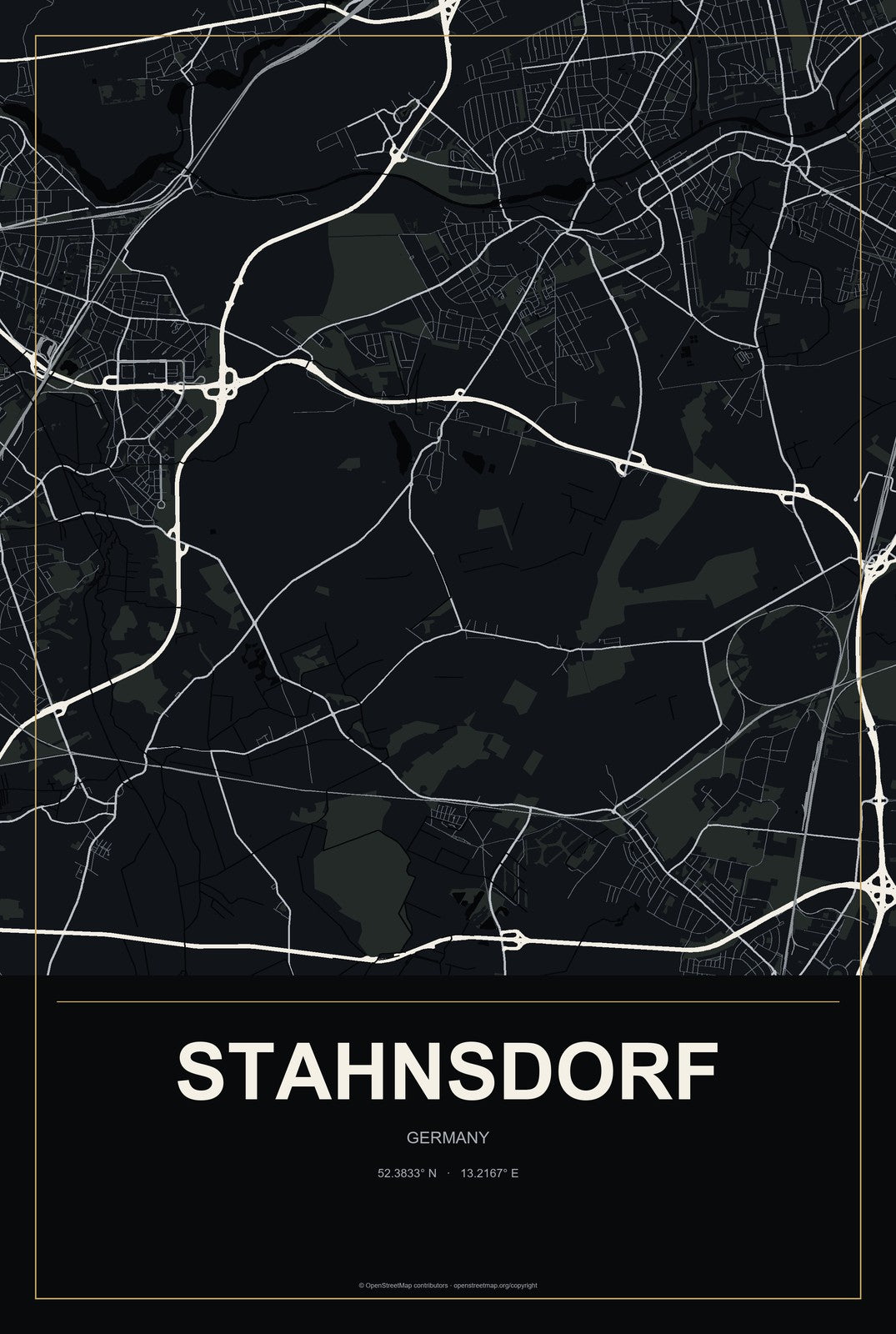 Stahnsdorf, Germany City Map Aluminum Sign in Metropolitan Noir style