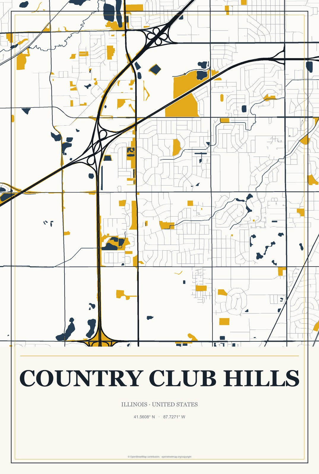 Country Club Hills, Illinois City Map Aluminum Sign in Citrine Modern style