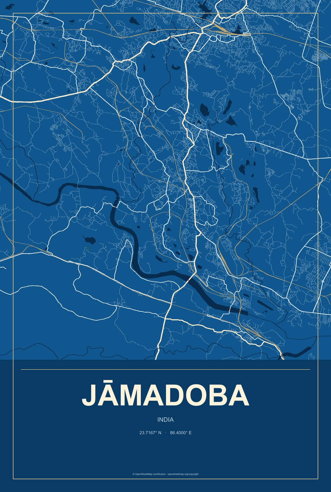 Jāmadoba, India City Map Aluminum Sign in Harbor Cobalt style