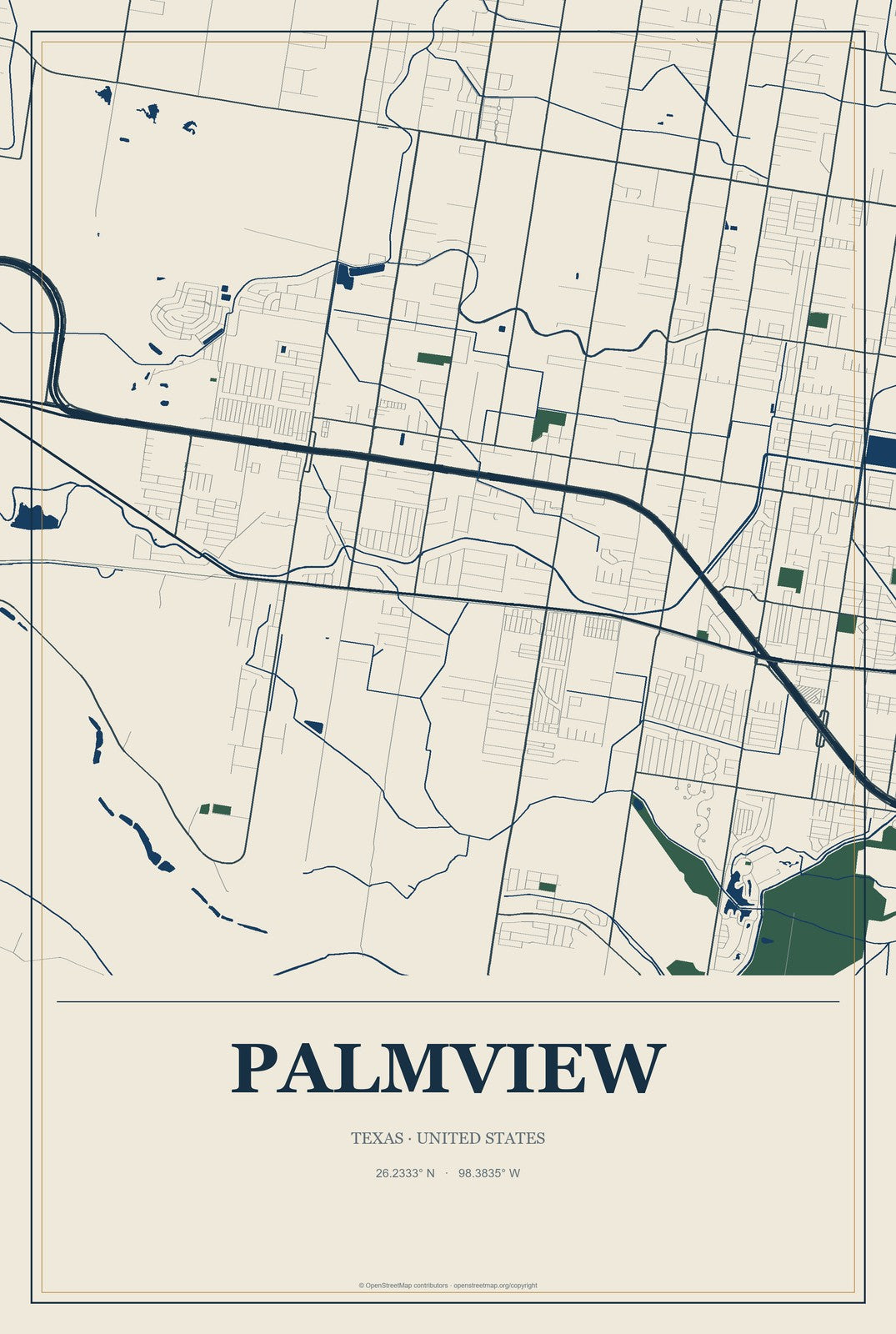 Palmview, Texas City Map Aluminum Sign in Coastal Cutout style