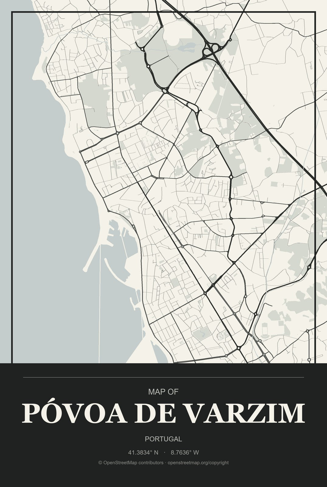 Póvoa de Varzim, Portugal City Map Aluminum Sign in Museum Plaque style