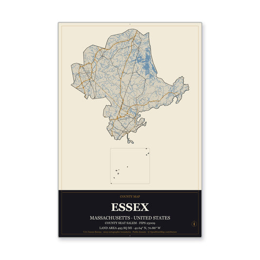 Essex County, Massachusetts Map Aluminum Sign in Museum Plaque style