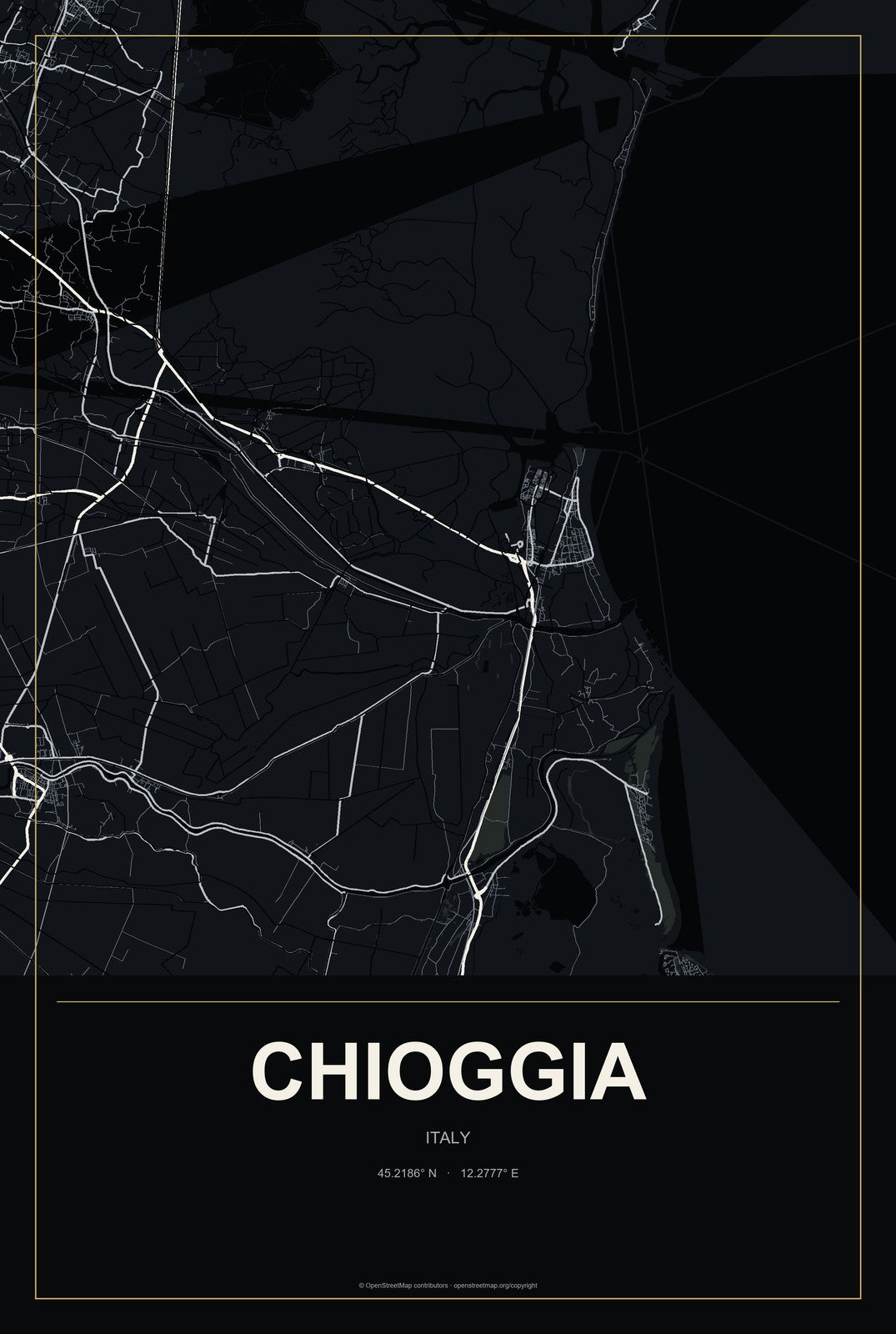 Chioggia, Italy City Map Aluminum Sign in Metropolitan Noir style