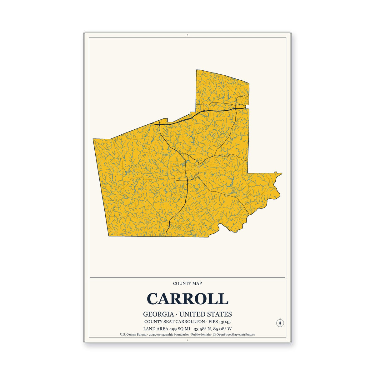Carroll County, Georgia Map Aluminum Sign in Citrine Modern style