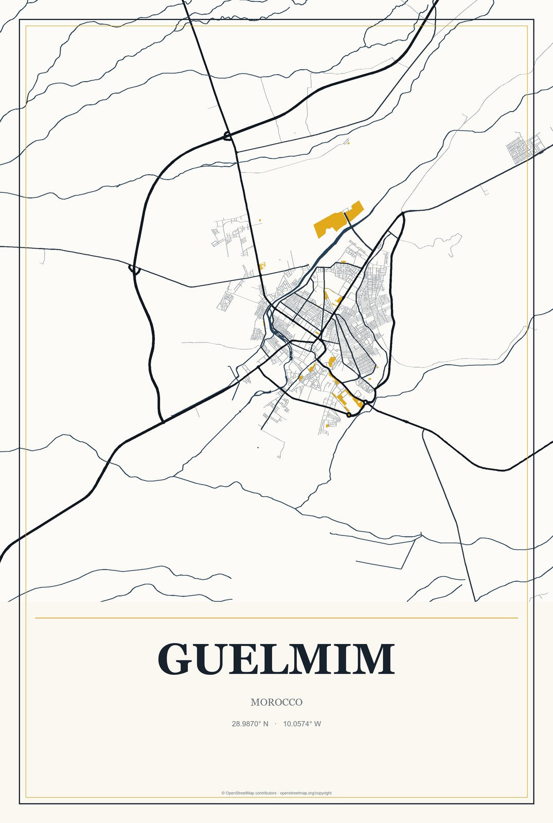 Guelmim, Morocco City Map Aluminum Sign in Citrine Modern style