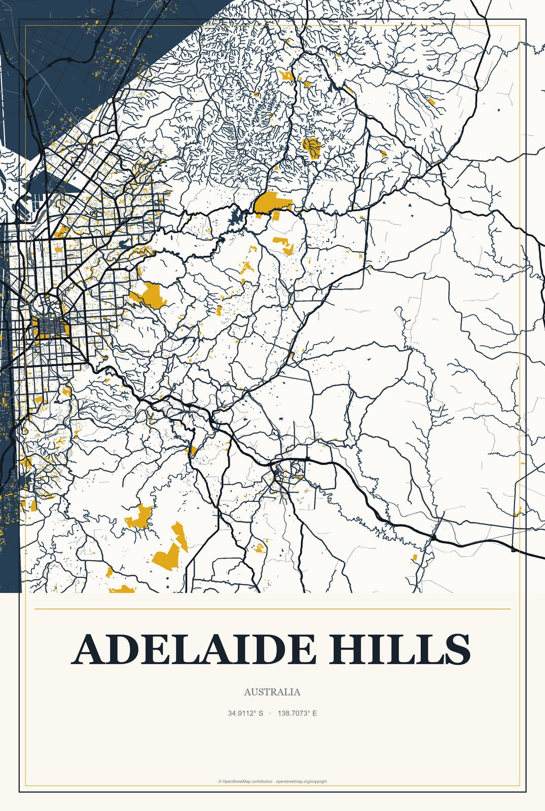 Adelaide Hills, Australia City Map Aluminum Sign in Citrine Modern style