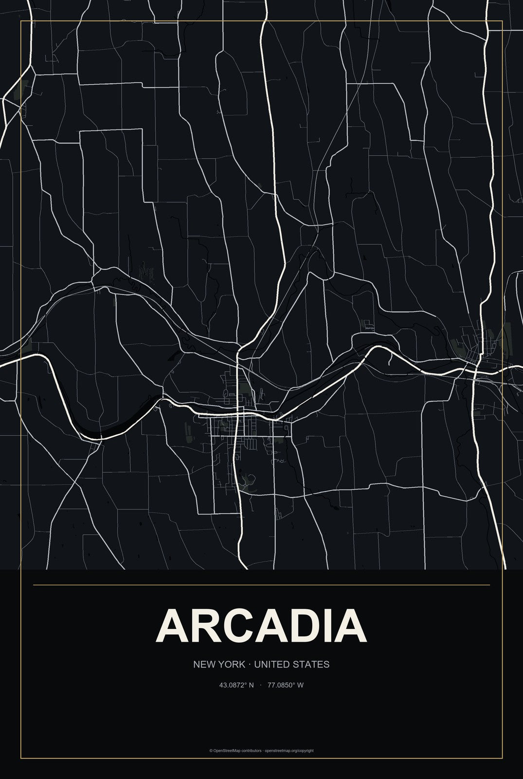 Arcadia, New York City Map Aluminum Sign in Metropolitan Noir style
