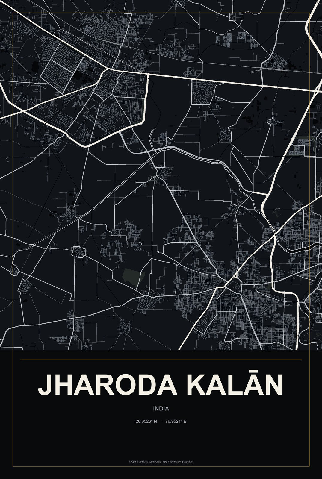 Jharoda Kalān, India City Map Aluminum Sign in Metropolitan Noir style