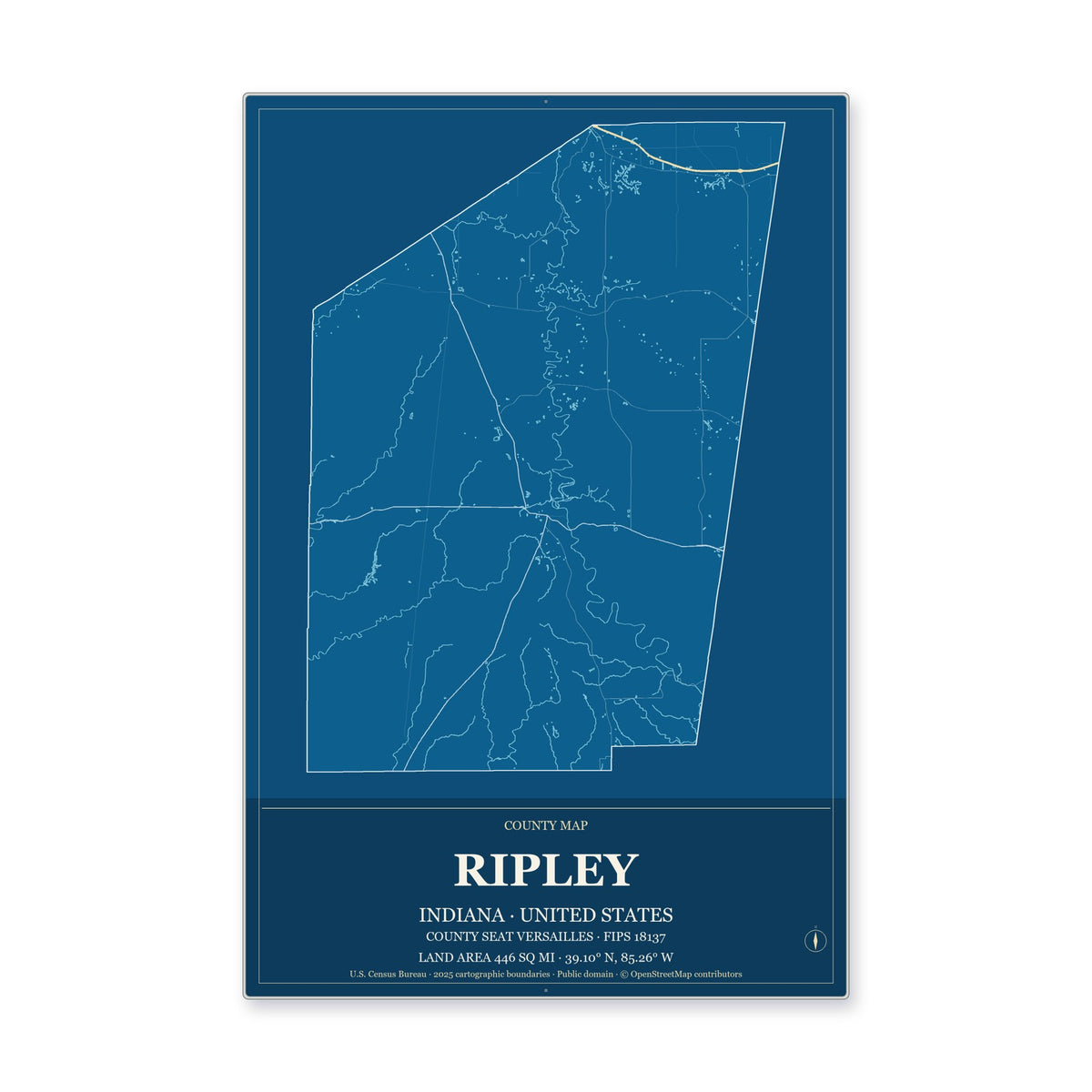 Ripley County, Indiana Map Aluminum Sign in Harbor Cobalt style