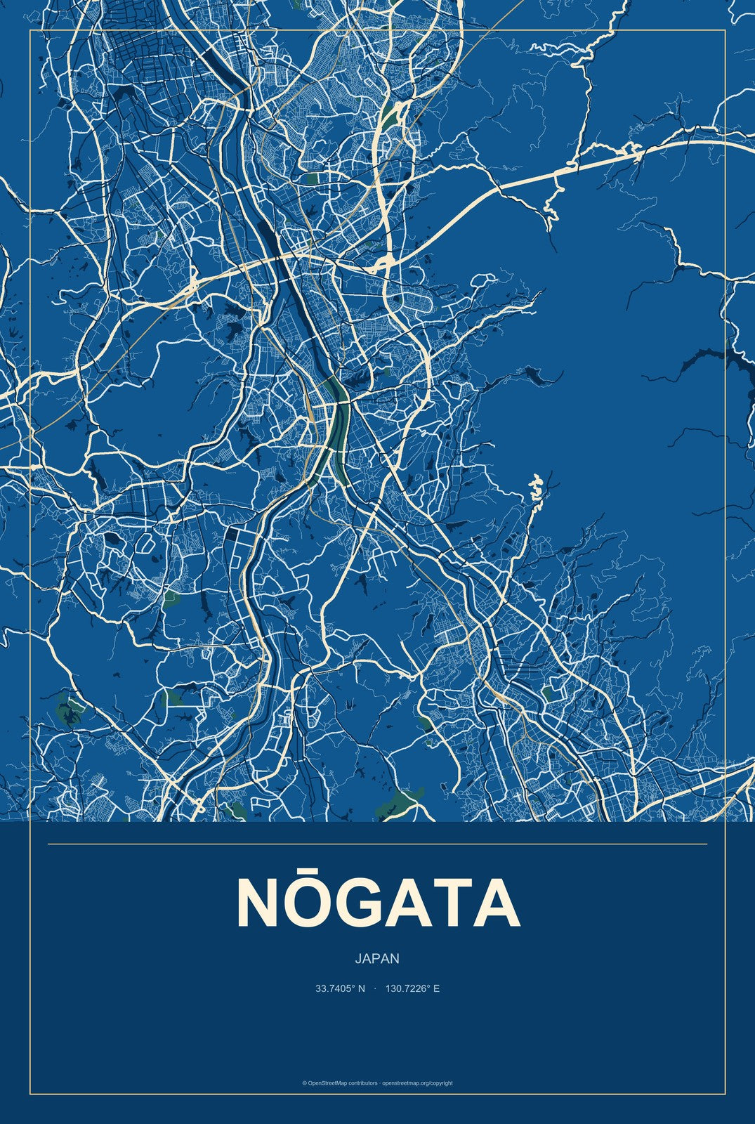 Nōgata, Japan City Map Aluminum Sign in Harbor Cobalt style
