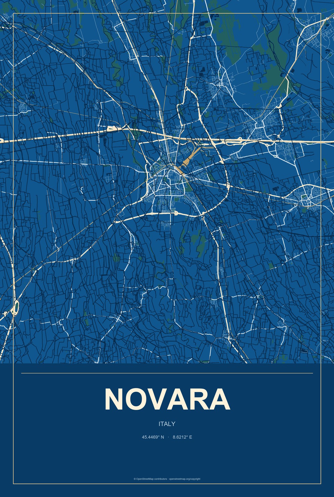 Novara, Italy City Map Aluminum Sign in Harbor Cobalt style