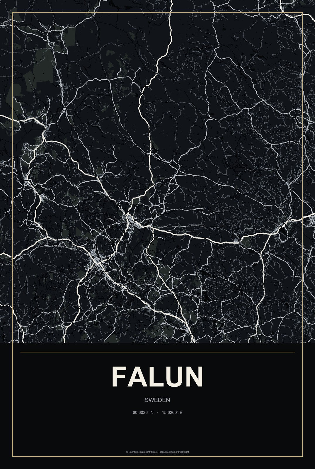 Falun, Sweden City Map Aluminum Sign in Metropolitan Noir style