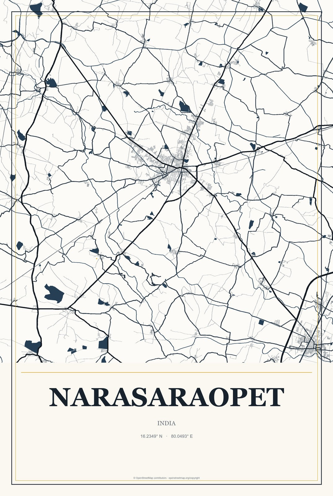 Narasaraopet, India City Map Aluminum Sign in Citrine Modern style