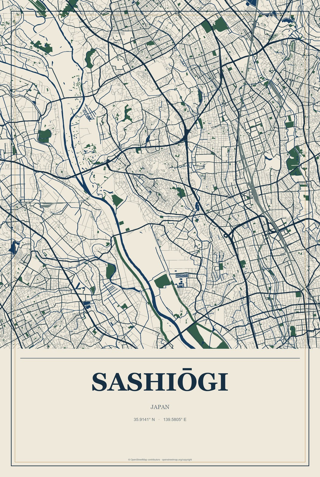 Sashiōgi, Japan City Map Aluminum Sign in Coastal Cutout style