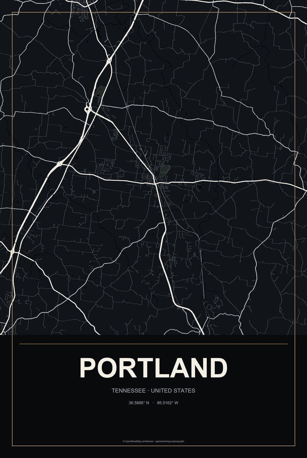 Portland, Tennessee City Map Aluminum Sign in Metropolitan Noir style