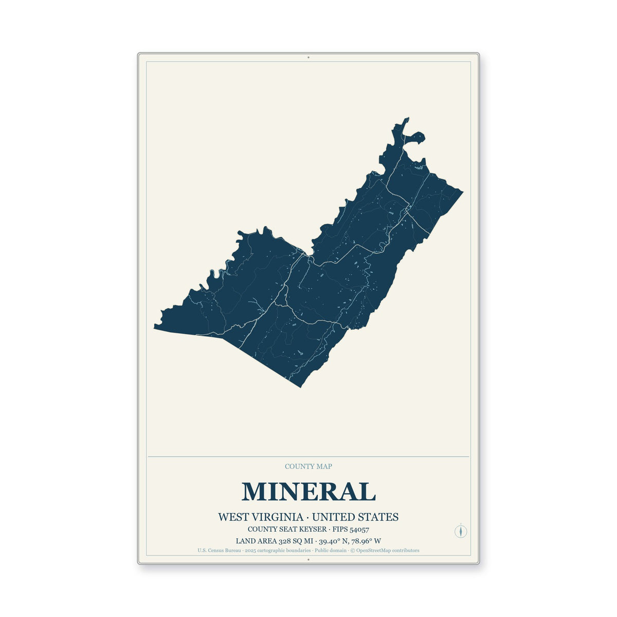 Mineral County, West Virginia Map Aluminum Sign in Coastal Cutout style