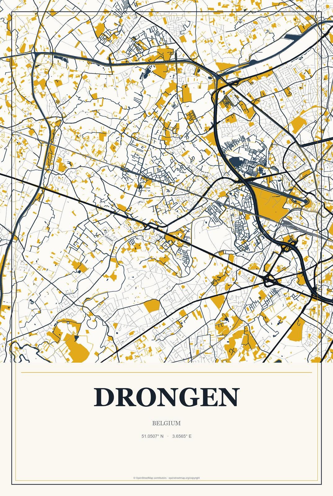 Drongen, Belgium City Map Aluminum Sign in Citrine Modern style