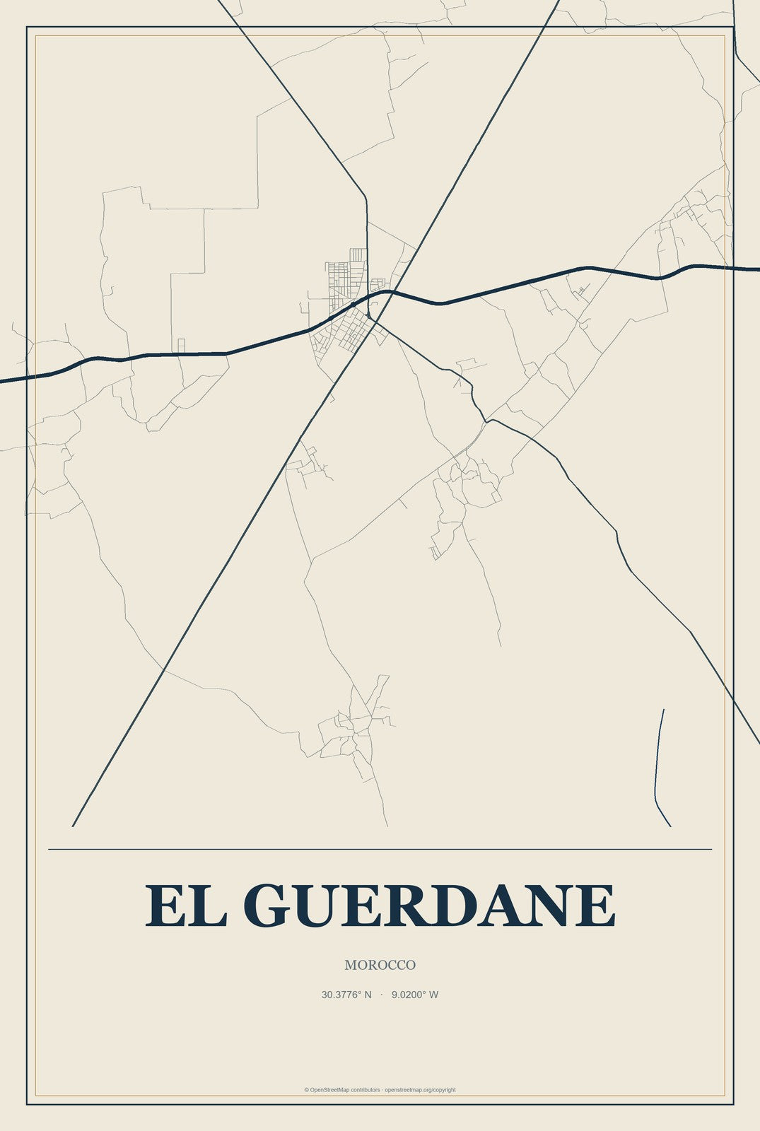 El Guerdane, Morocco City Map Aluminum Sign in Coastal Cutout style